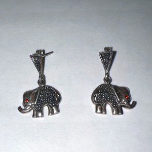 Vintage ACI Sterling Silver Trunk Up Marcasite Elephant Dangle Pierced Earrings